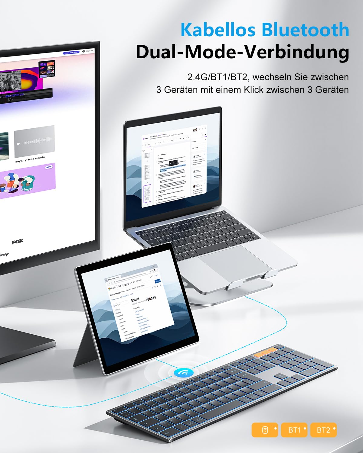OMOTON Kabellose Tastatur Bluetooth, Metallgehäuse, Deutsches QWERTZ Layout | 2,4G+BT, Beleuchtet, Schlanke Scherenmechanik für Leises Tippen, Wiederaufladbare, für Windows PC/MAC, Büro/Homeoffice