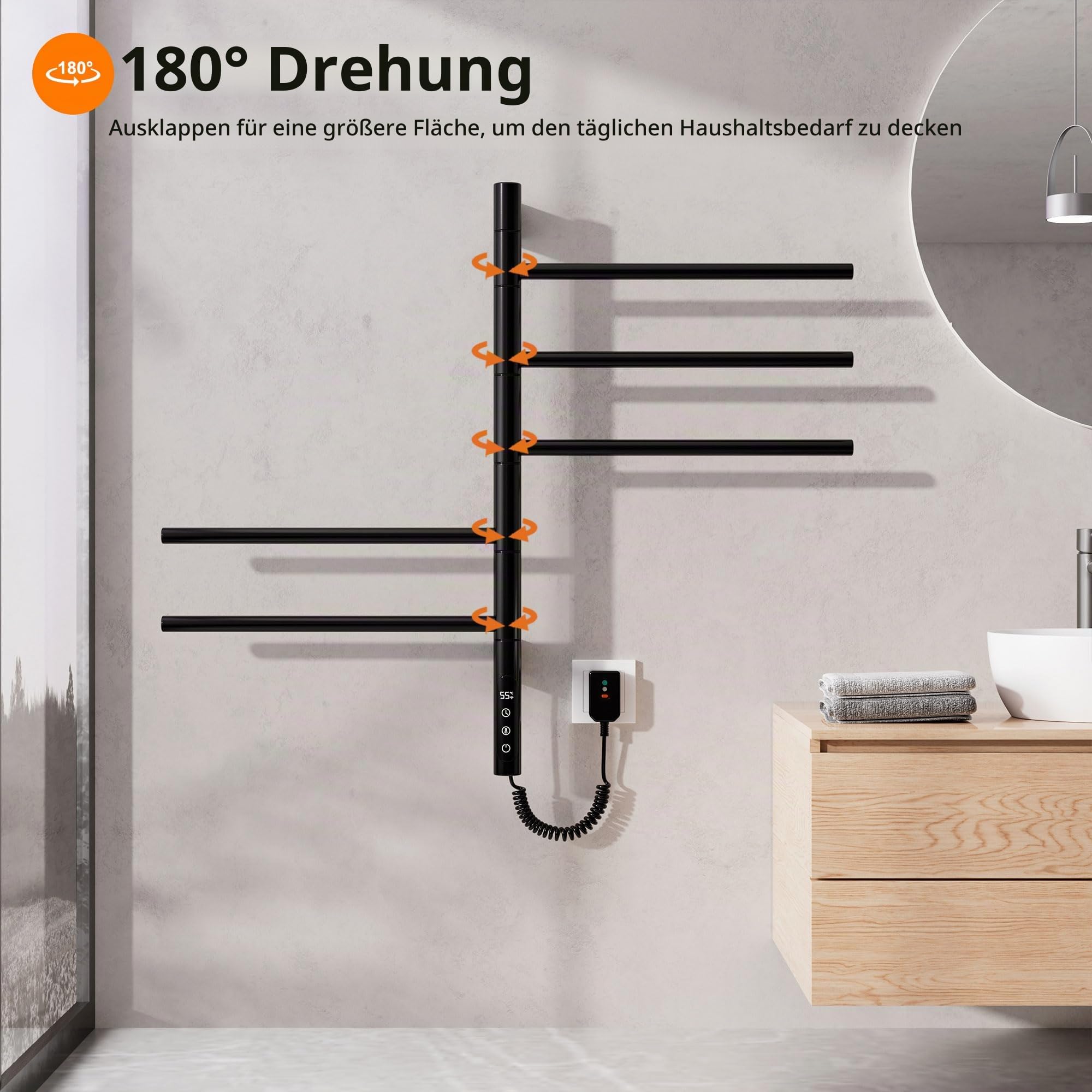 Badheizkörper Elektrisch, 415x680mm, 85W, 180° Drehung Handtuchheizkörper Elektrisch, Schwarz Handtuchheizkörper, Heizkörper Bad, Badheizkörper Handtuchhalter, mit Timer und Thermostat-G63 WiFi Black