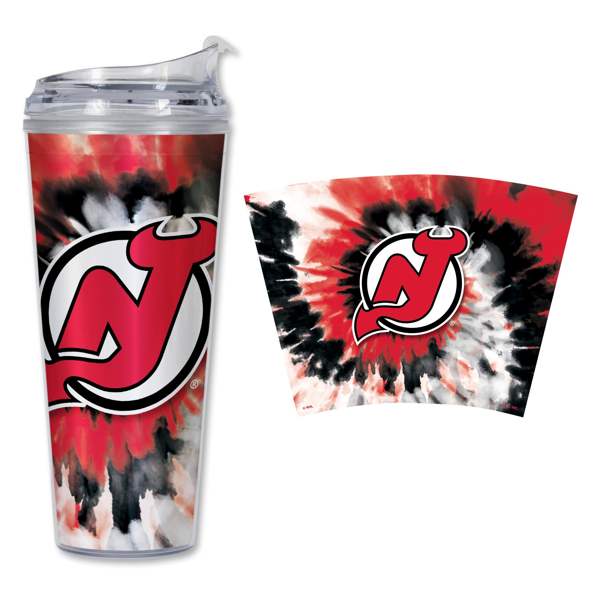Rico Industries NHL Hockey Team Color Tie Dye 24oz Metallic Acrylic Tumbler with Hinged Lid, Officially Licensed Double Wall Tumbler with Straw