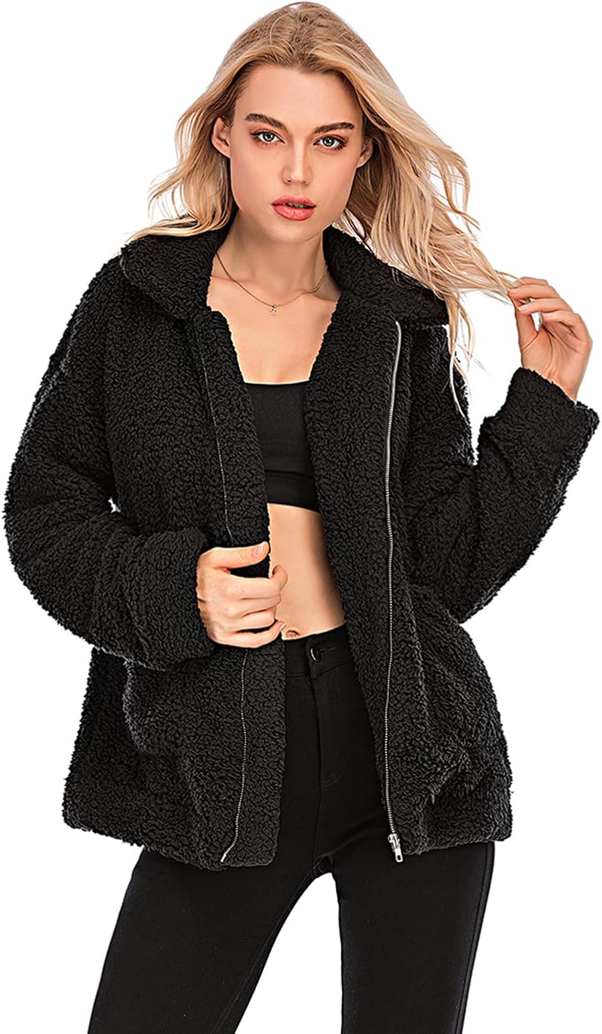 Comeon Winter Coats for Women Shaggy Fur Jacket Fuzzy Faux Shearling Zip Up Oversized Warm Shacket Outwear - Image 6