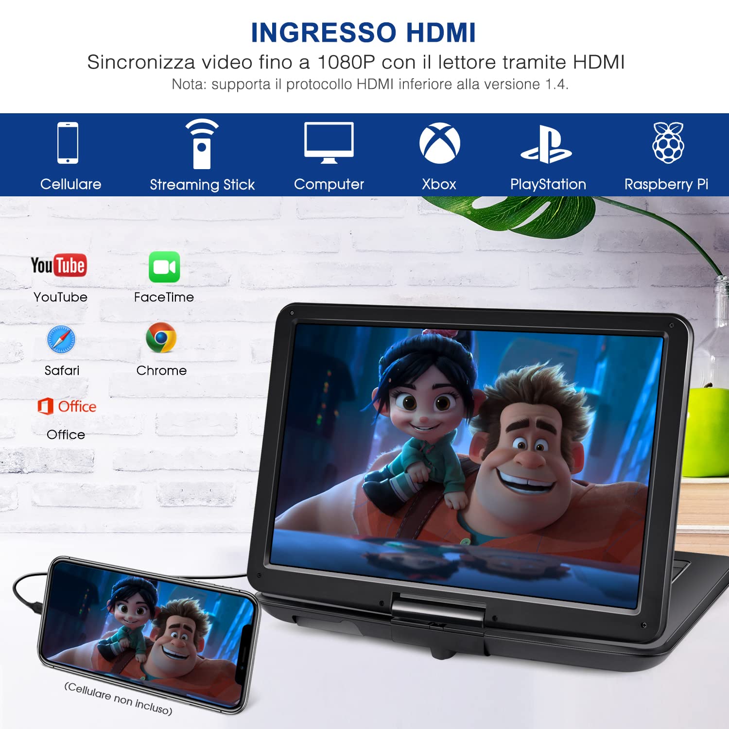 NAVISKAUTO 17,5" Lettore DVD Portatile Grande Schermo da 16 Pollici, Supporta HDMI, Autonomia da 6 Ore, USB/TF/AV IN/OUT/Regione Libera,18 Mesi di Garanzia