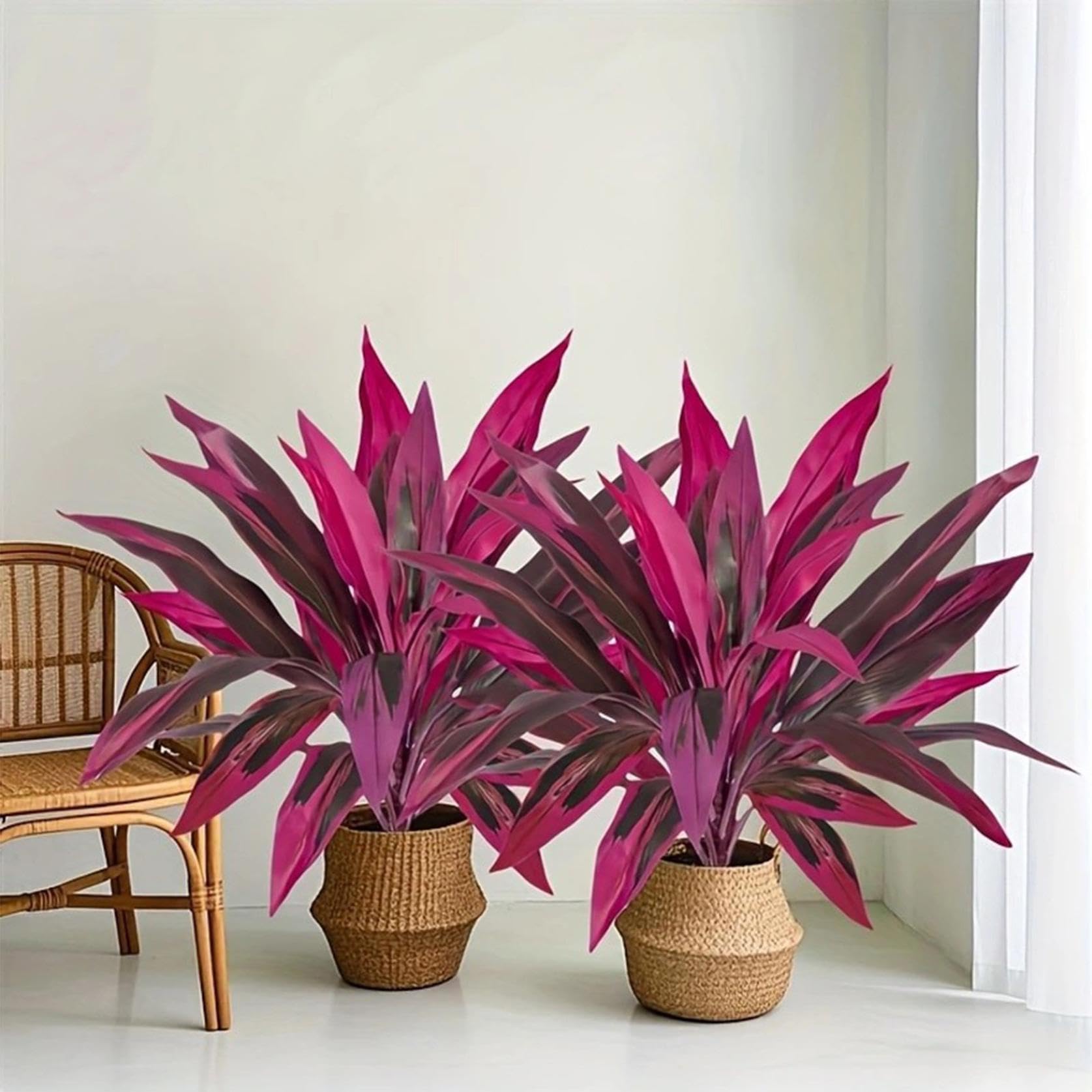 2 Pcs Artificial Red Cordyline Ti Plant, Realistic Fake Tropical Plants, 21.6in UV Resistant Faux Dracaena Tree Foliage for Home Garden Living Room