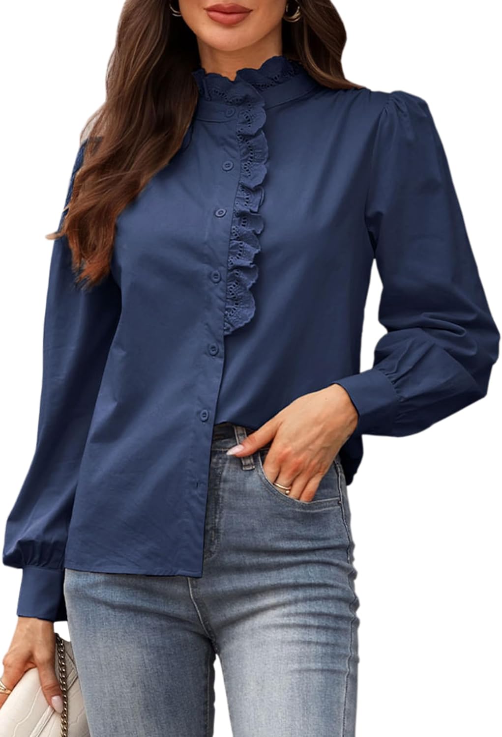 Women's Spring Shirts 2026 Long Sleeve Ruffle Collar Button Down Tops Dressy Casual Elegant Solid Retro Blouse