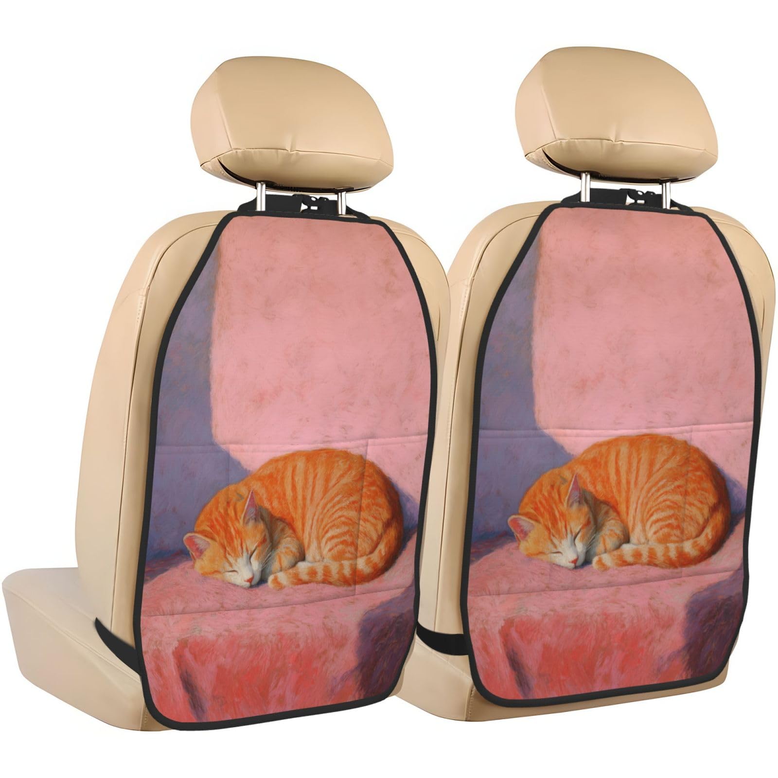 Orange Tabby Cat Sleeping Car Seat Back Kick Protectors,2 Pack Kick Mats with Storage Pockets for Vehicles to Protect from Dirt Mud Scratches