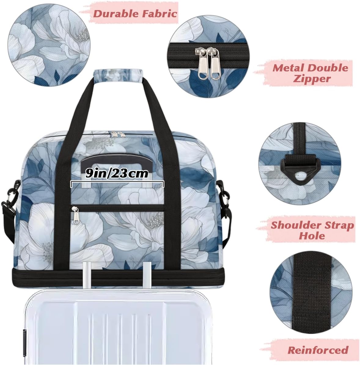 QsirBC Modern Flower Theme Gym Bag for Women Duffle Tote with Shoes Compartment Men Weekender Duffel for Dance Travel Sports Swimming Overnight