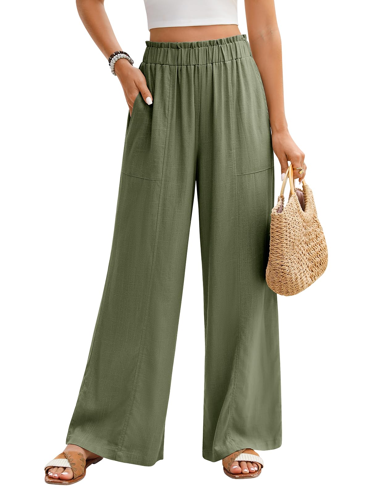 Niwicee Pantalon Fluide Femme Été Pantalon Lin Taille Haute Elastique Pantacourt Jambes Larges Ample Décontractée Palazzo Élégant Pants Solide Coupe Droite Pants avec Poches