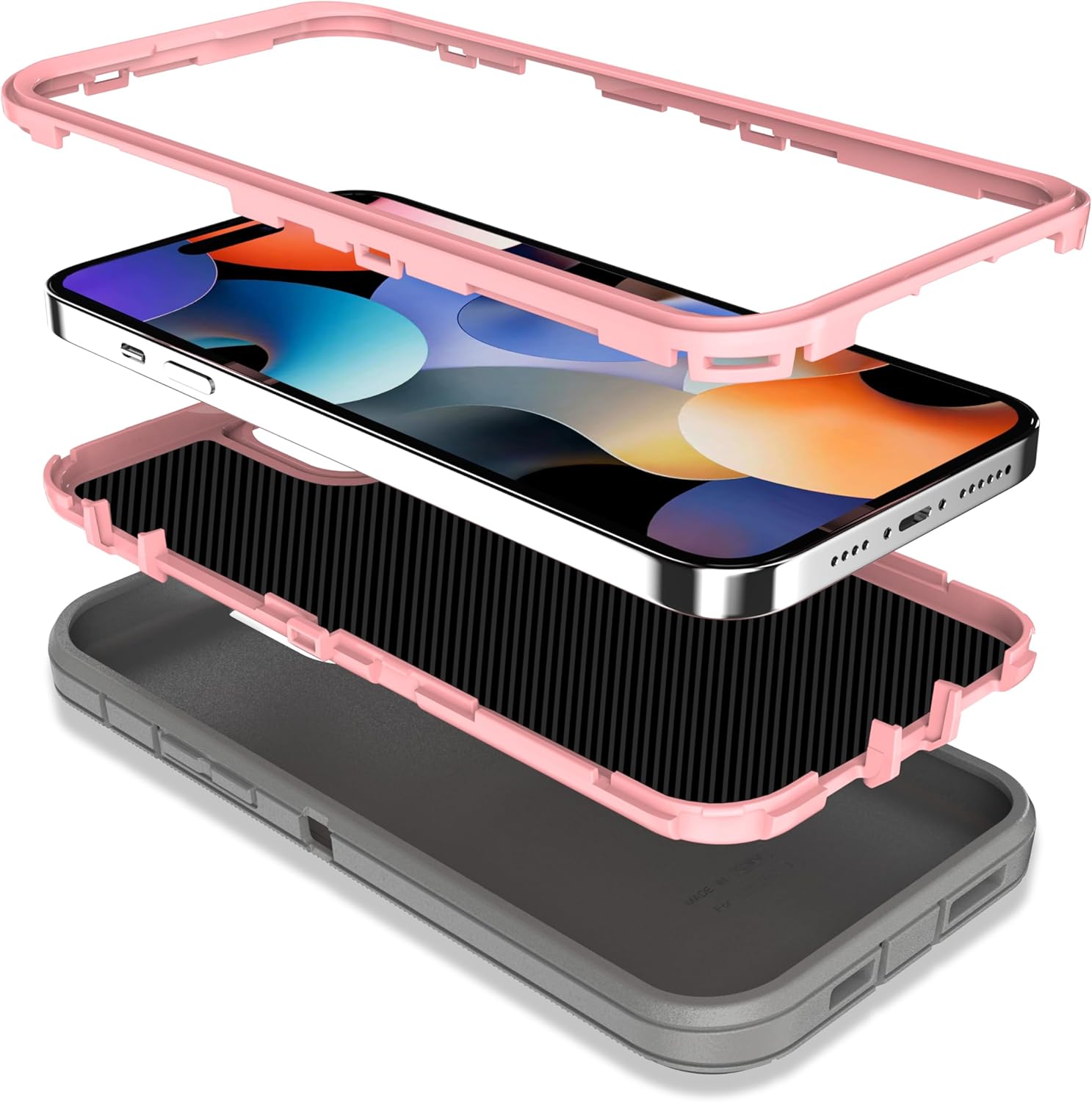 MXX Heavy Duty Made for iPhone 15 Plus Case with Tempered Glass Screen, Camera Lens Protector 3-Layer Full Body Protection - Shockproof Dustproof Cover for 15 Plus Phone Case 6.7" (Gray/Light Pink) - Image 3
