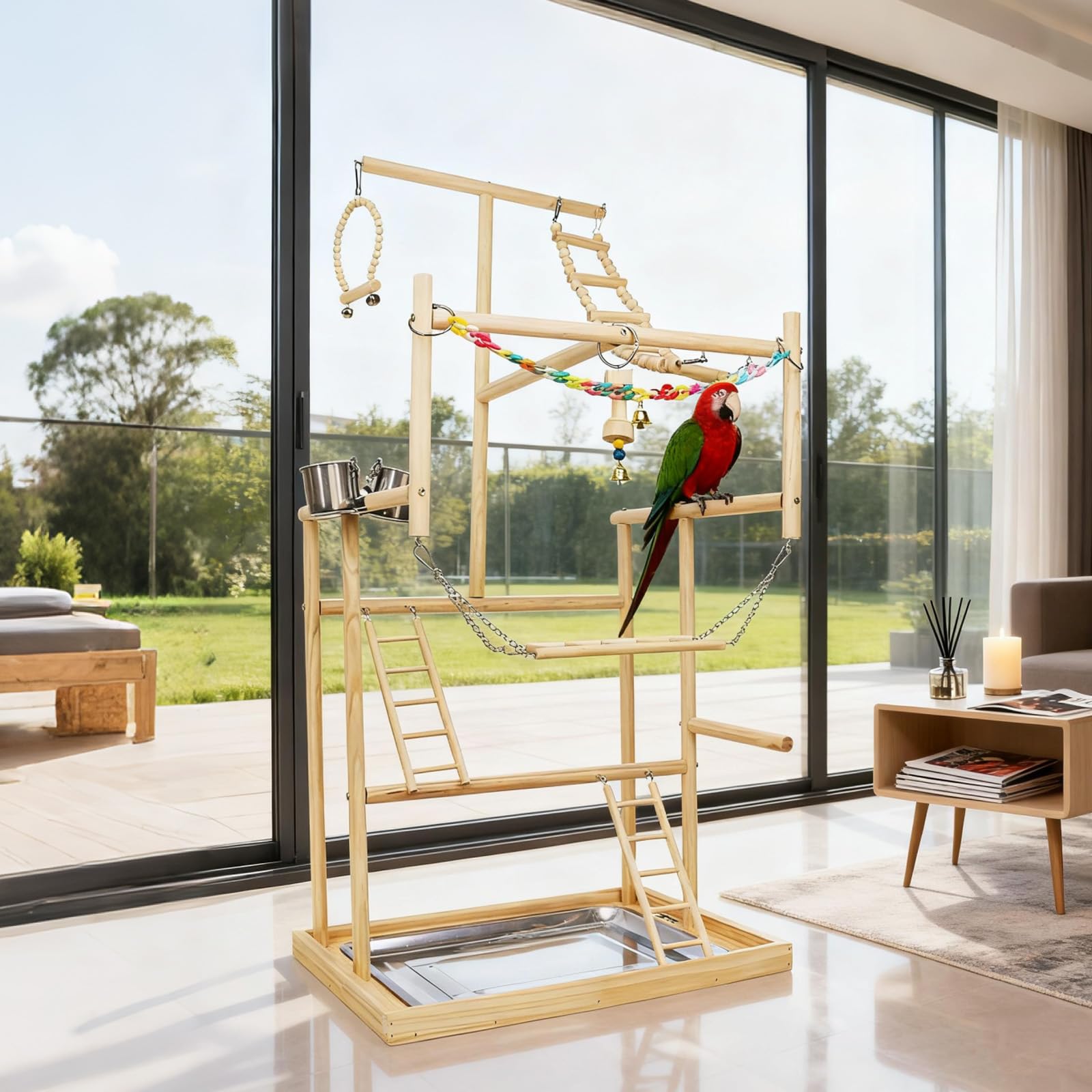 Parco Giochi per Uccelli 48 x 35 x 95 cm Legno a 4 Strati Tazze Acciaio Inossidabile Catena Plastica Colorata Vassoio Metallo Rimovibile
