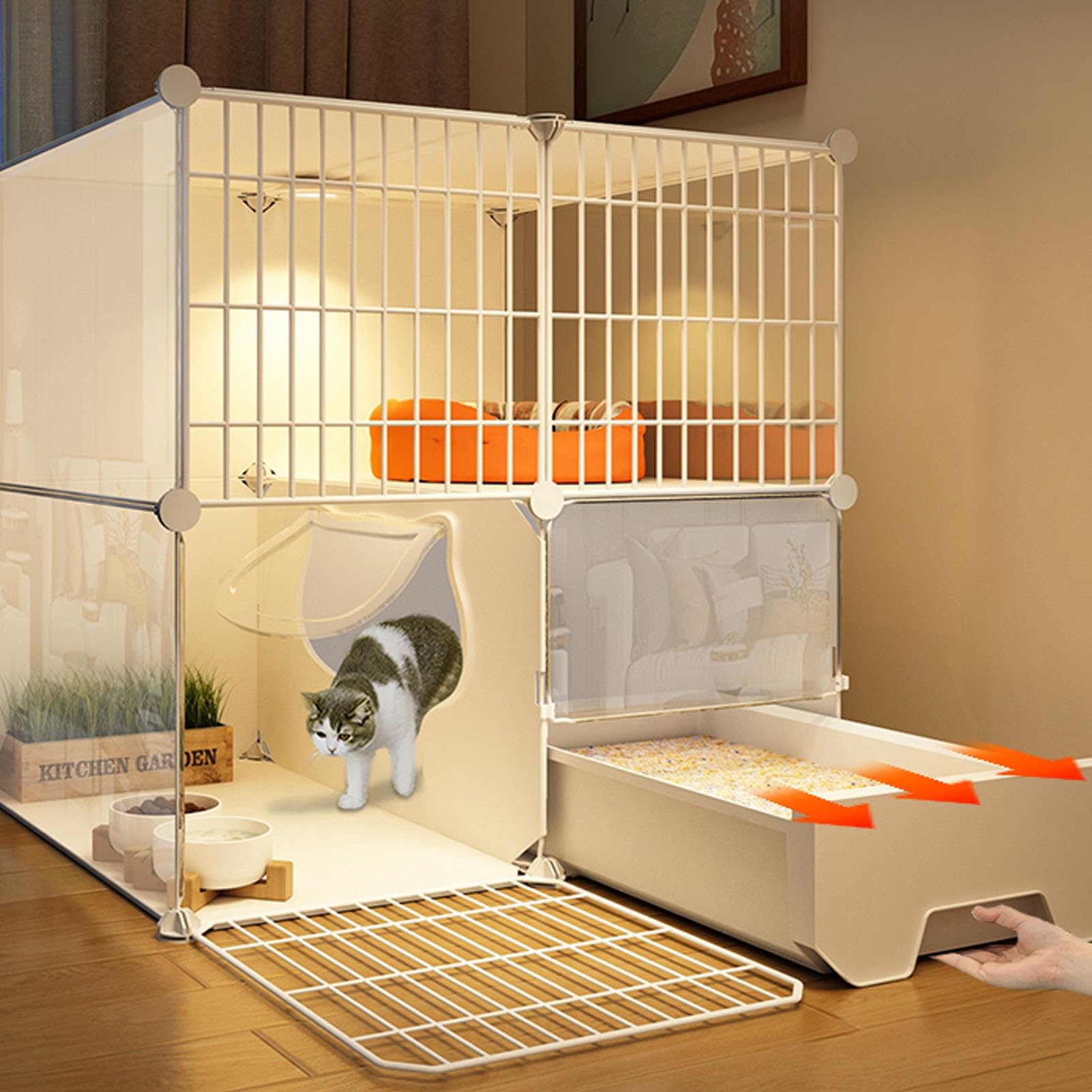 Gabbia per gatti a 2 livelli box per interni con lettiera, ampio spazio con recinzione superiore e stoccaggio, facile da installare