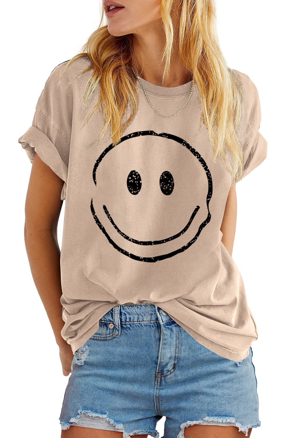 ReachMe Womens Summer Cute Smile Face T-Shirts Trendy Vintage Graphic Tops Casual Loose Short Sleeve Tee Shirts