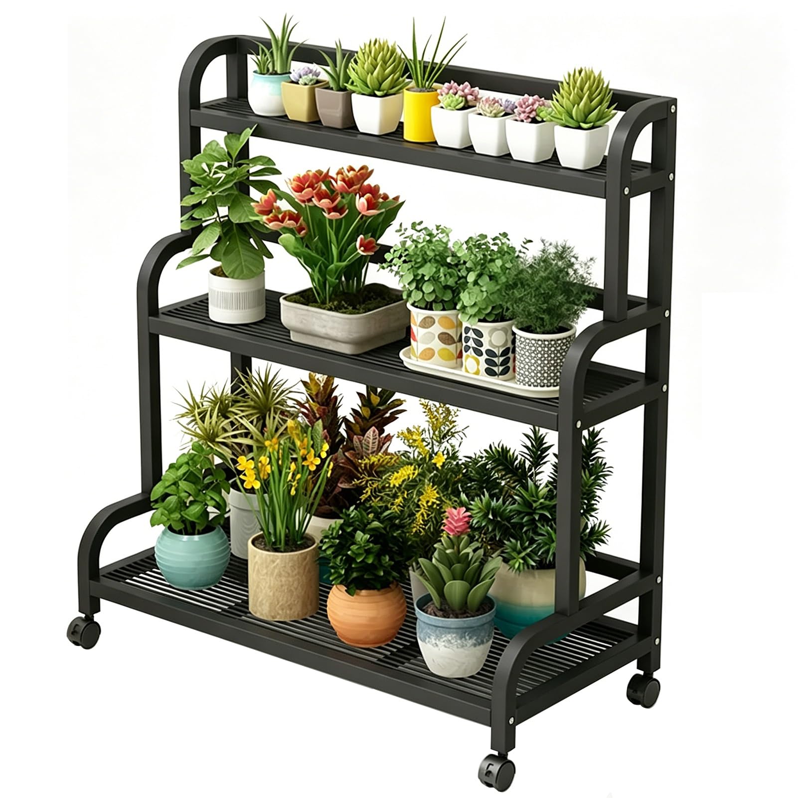 DMCHENGMA Tall 3-Tier Black Iron Tiered Plant Stand, Heavy-Duty Corner Flower Holder with Lockable Wheels,Metal Planter Rack(80x40x107cm)