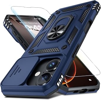 Janmitta Case for iPhone 16 Plus Phone Cover Built in Slide Camera Lens Cover+Screen Protector,Heavy Duty Shockproof Full Body PhoneCase with Finger Ring Holder Kickstand,Blue