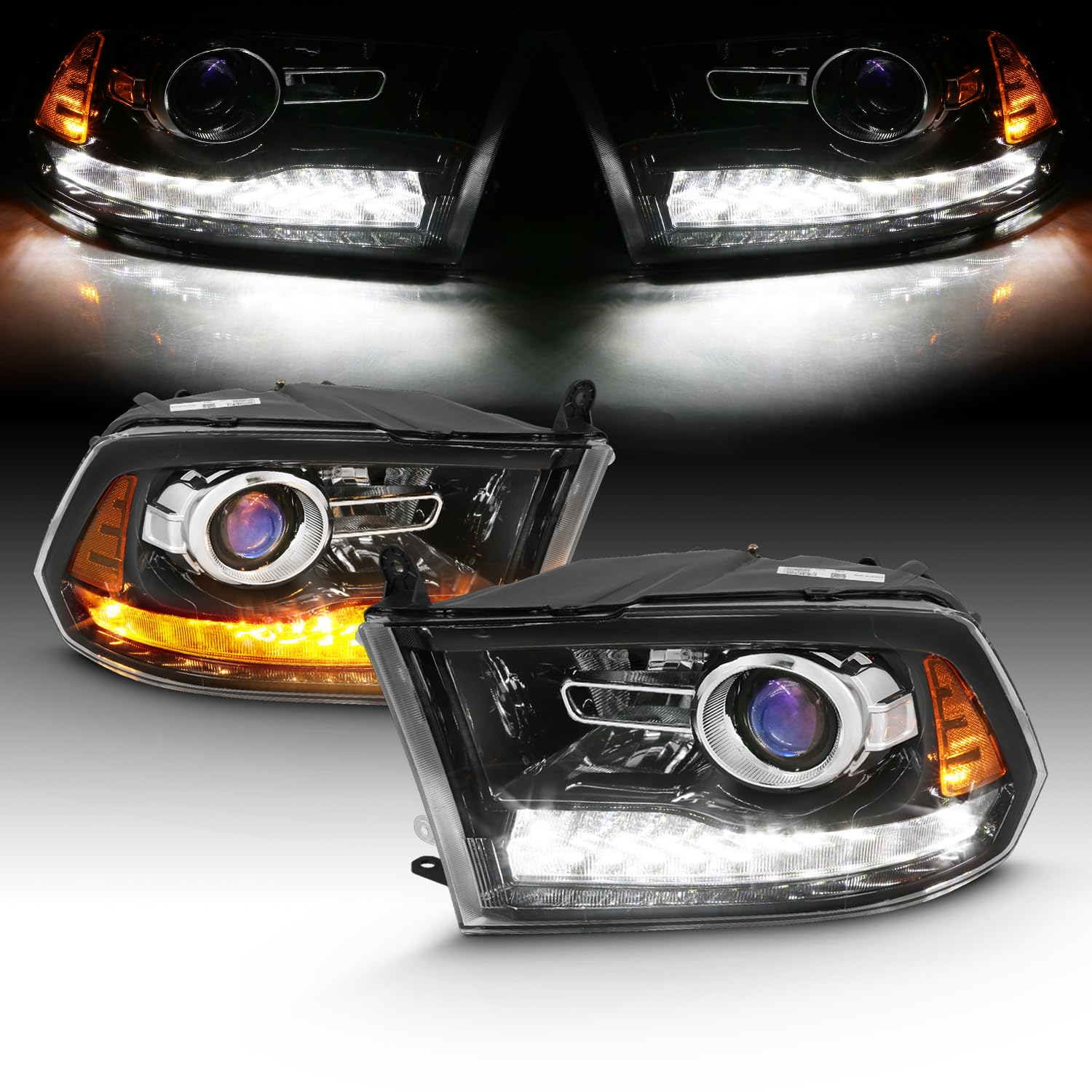 AmeriLite for 2009-2018 Dodge Ram 1500 2500 3500 BOTH Models Switchback LED Polished Black Replacement Projector Headlight Assembly Set - Passenger and Driver Side