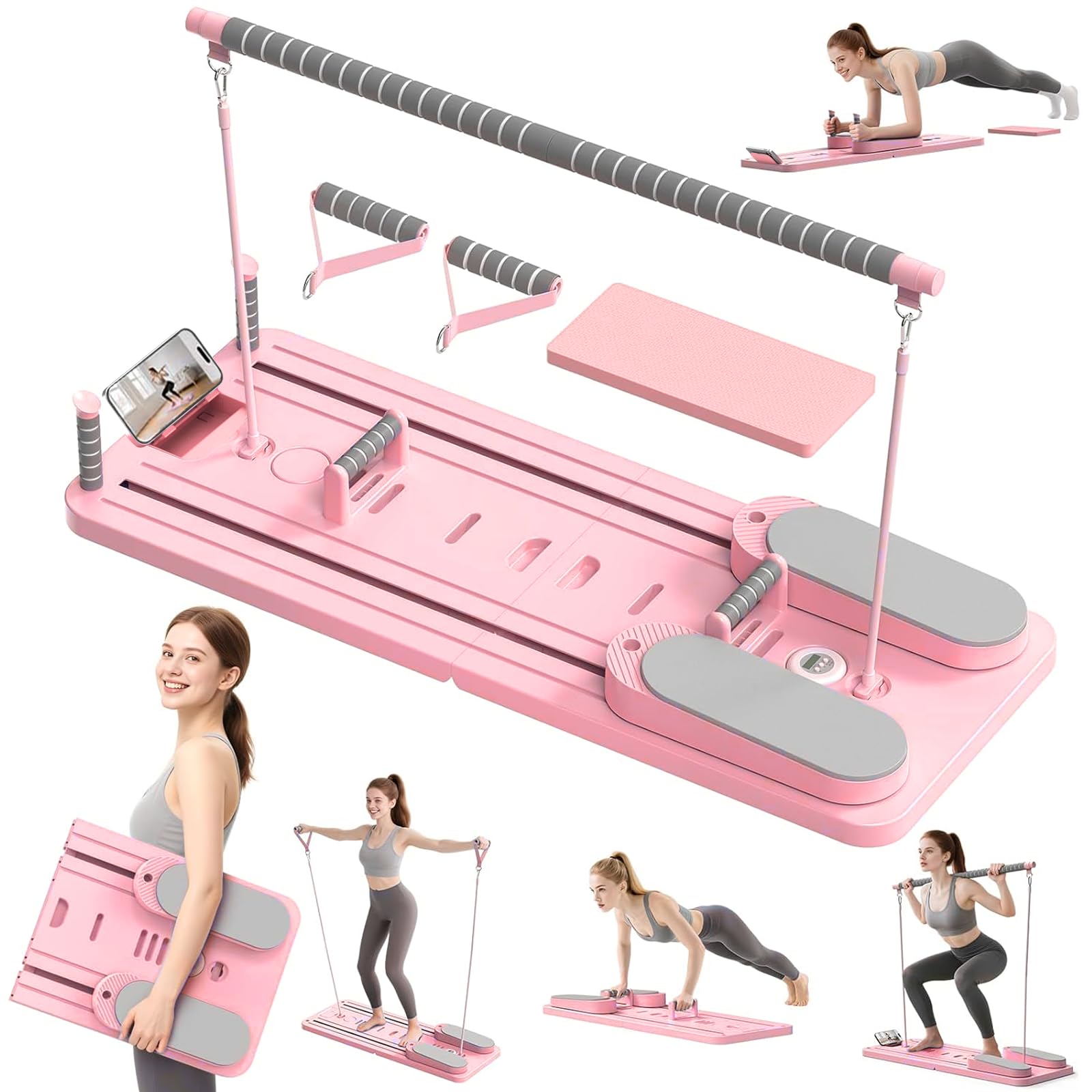 SPYLAVE Pilates Board für Zuhause 2026 Upgraded, Faltbares Multifunktionales Pilates Reformer, 8-in-1 Pilates Set mit Automatischem Rückprall, Bauchtrainer & 5 Widerstandsbänder, Ganzkörpertraining