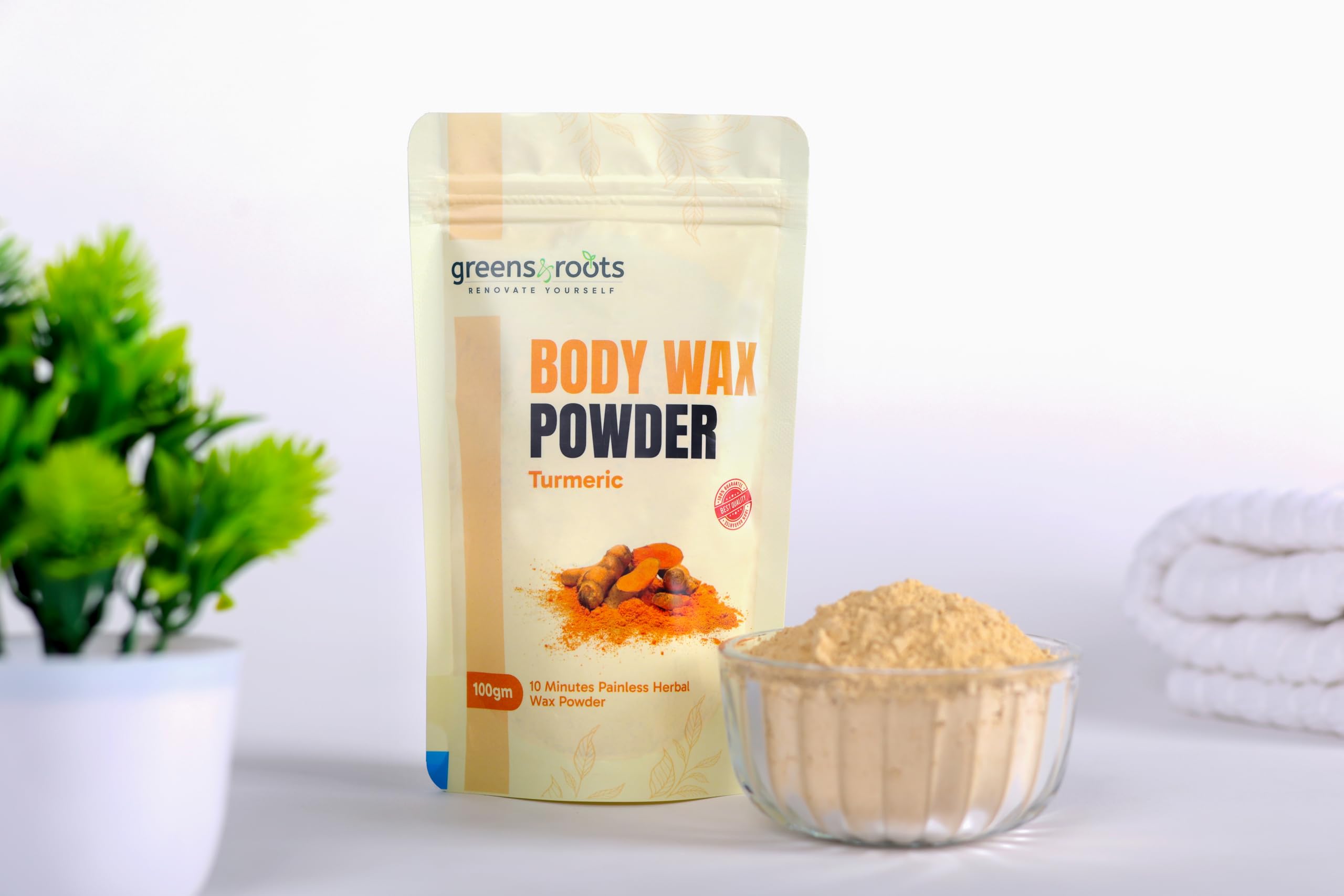 GREENS & ROOTS Hair Removal Body Wax Powder Turmeric Flavour – Natural & Gentle Formula for Smooth Skin – Easy-to-Use Powder Wax | 100 gm