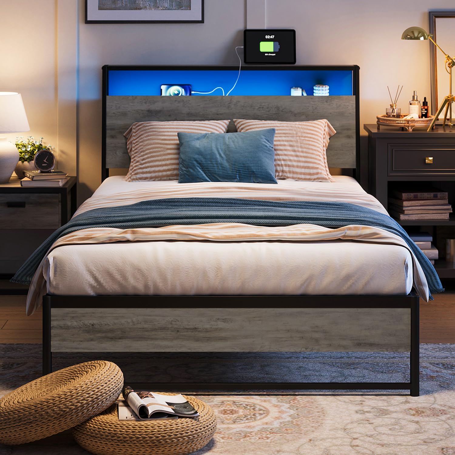 LINSY Twin Bed Frame with Ergonomic Headboard, 14 inch Fast Assembly Metal Bed with LED Lights, Outlets & USB, Kids Twin Size Bed Frame, Noise Free, No Box Spring Needed, Greige