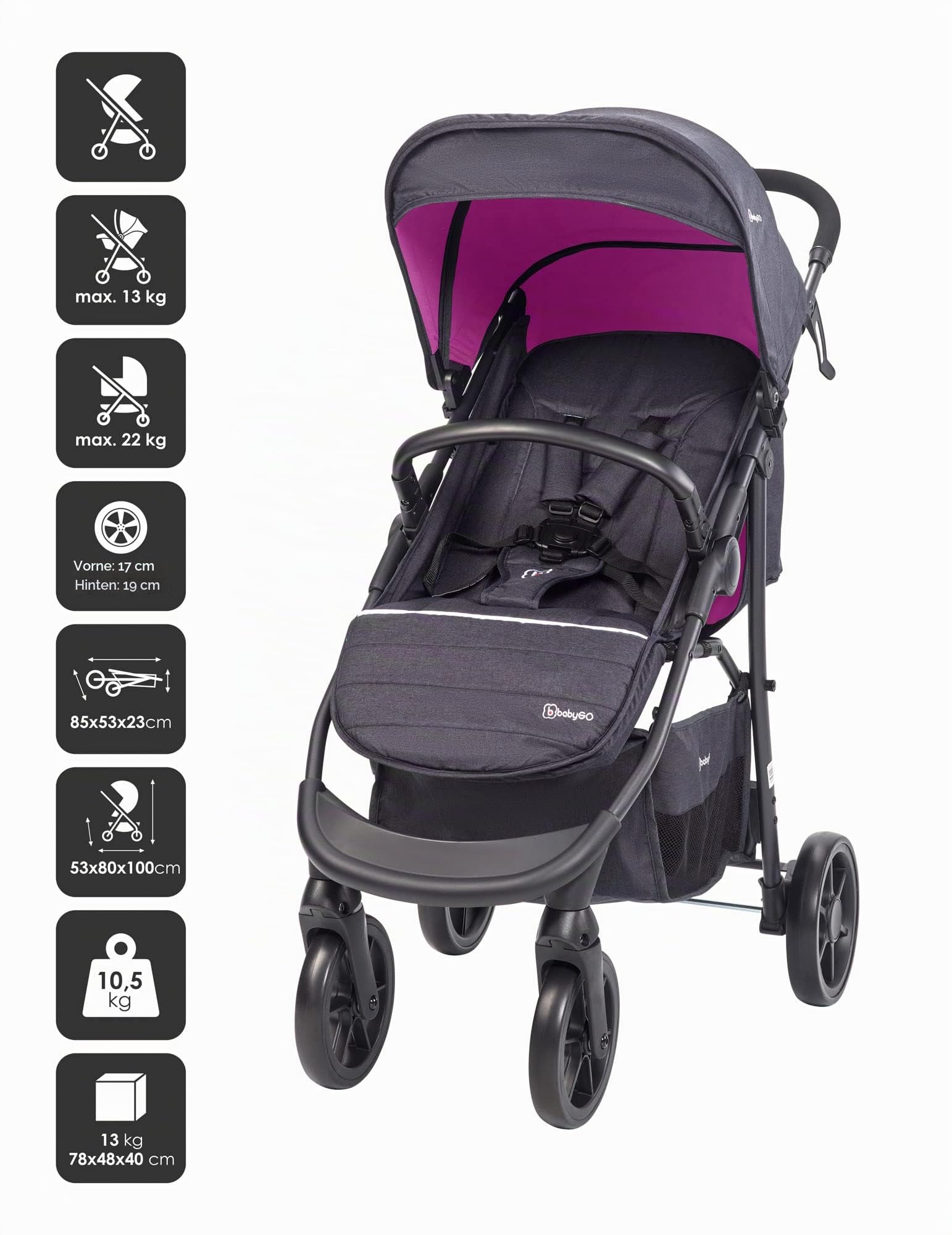 BABYGO Kinderwagen 3 in 1 Styles - Sportaufsatz und Wanne jeweils separat und Auto-Babyschale - Wickeltasche/Regenschutz/Matratze - Rosa