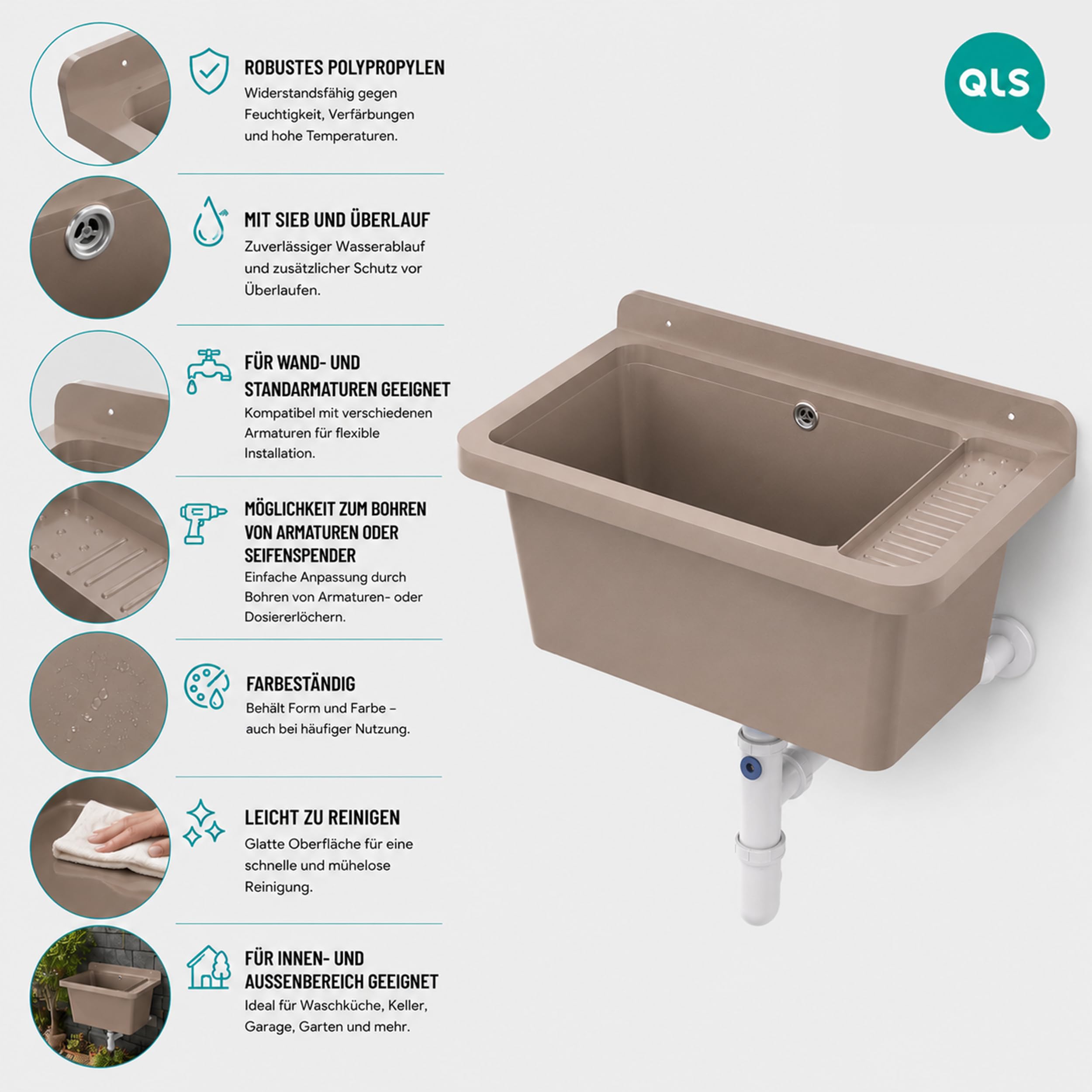 Cuenca de desagüe Fregadero Lavabo Lavadora Exterior para Jardín, Garaje, Bodega, Cocina, Taller Gran Cuenca (Beige)