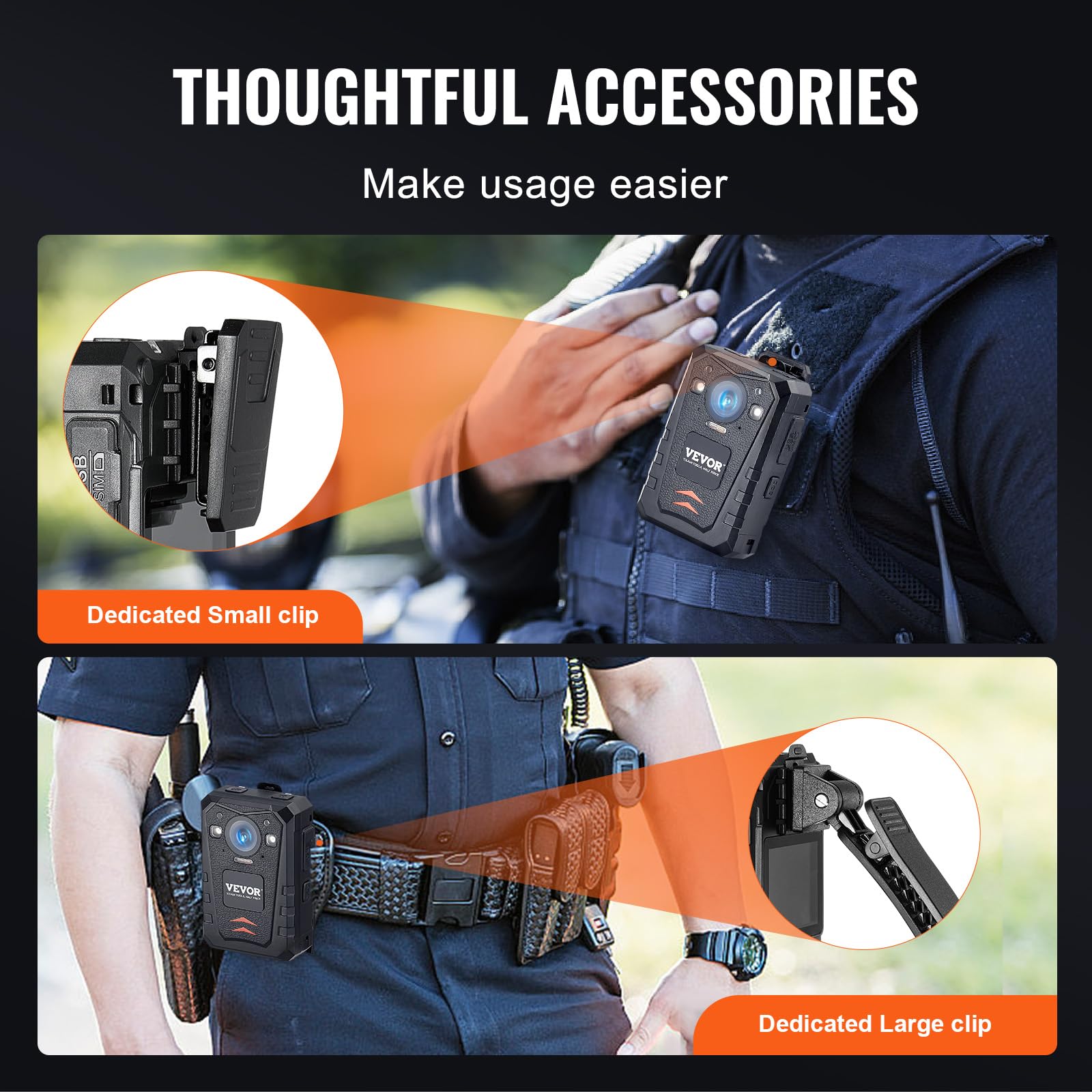 VEVOR Telecamera per Corpo della Polizia HD 1440P, 64 GB Audio Video, Batteria Integrata da 3500 mAh, LCD 5 cm, Visione Notturna Infrarossi, Telecamera Corpo Personale Impermeabile Forze dell'Ordine