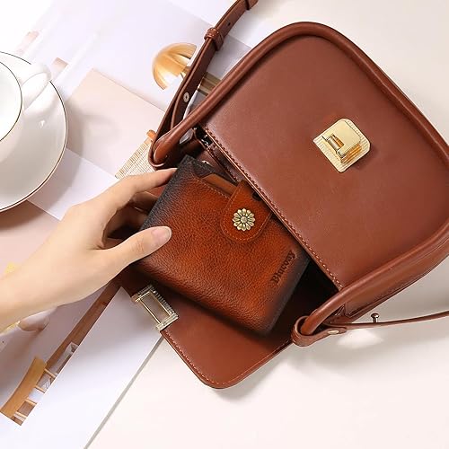 Miniatura 9 de Cartera de cuero con doble pliegue para mujer, bloqueo RFID, tarjetero compacto, cartera pequeña con ventana para identificación extraíble, A1-