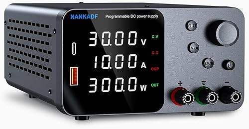 Fuente de alimentación CC, fuente de alimentación de banco de 30 V 10 A con ajuste de codificador, carga rápida USB y tipo C de 5 V3.6 A, fuentes de