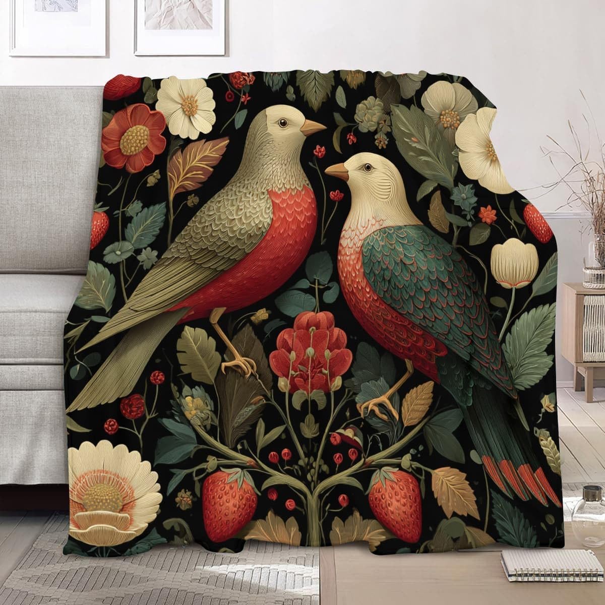 Koc na kanapę łóżko king 180 x 200 cm retro zwierzęta, kwiaty i ptaki super miękkie przytulne koce ciemne antyalergiczne polarowy narzuta koc flanelowy na wszystkie pory roku ciepły koc wystrój domu