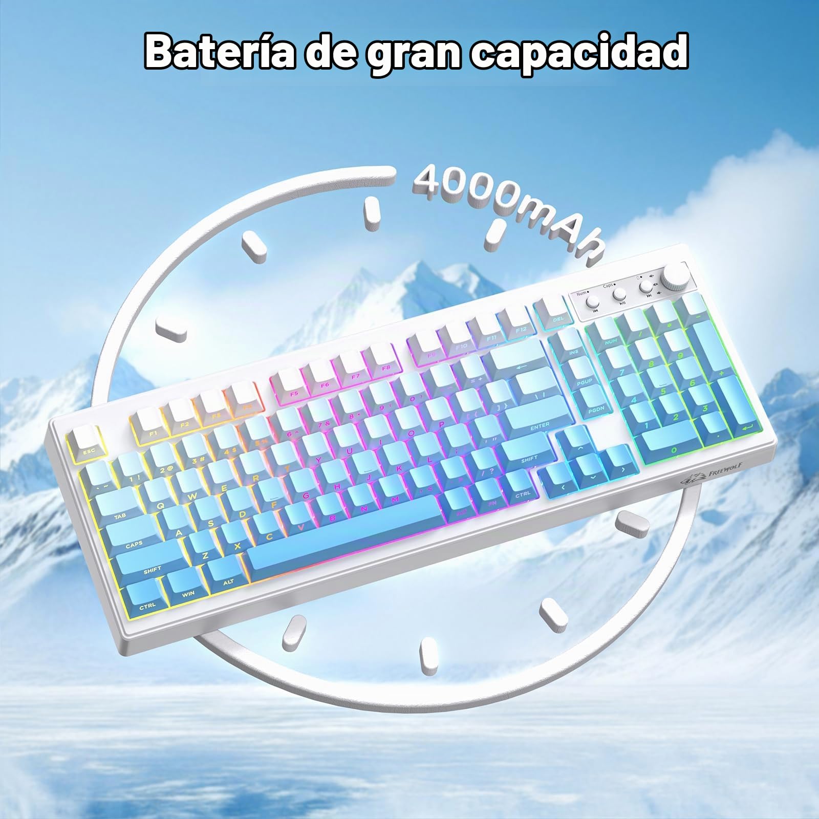 ZIYOU LANG K100 Teclado Gaming Inalámbrico Layout US, Conexión Tri-Modo (BT/2.4G/Cable) Teclado de Membrana con Perilla, 102 Teclas PBT Gradiente, 4000mAh RGB Backlit, para PC/Mac - Azul Glaciar