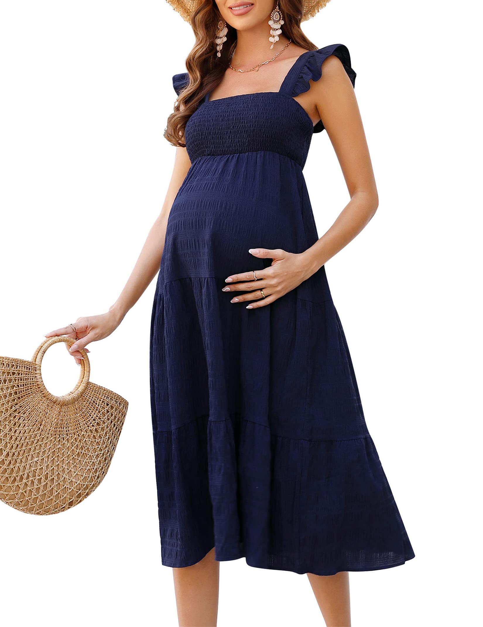 KOJOOIN Womens Maternity Dress Summer Sleeveless Smocked Square Neck Ruffle Casual Boho Midi Dress Baby Shower Photoshoot