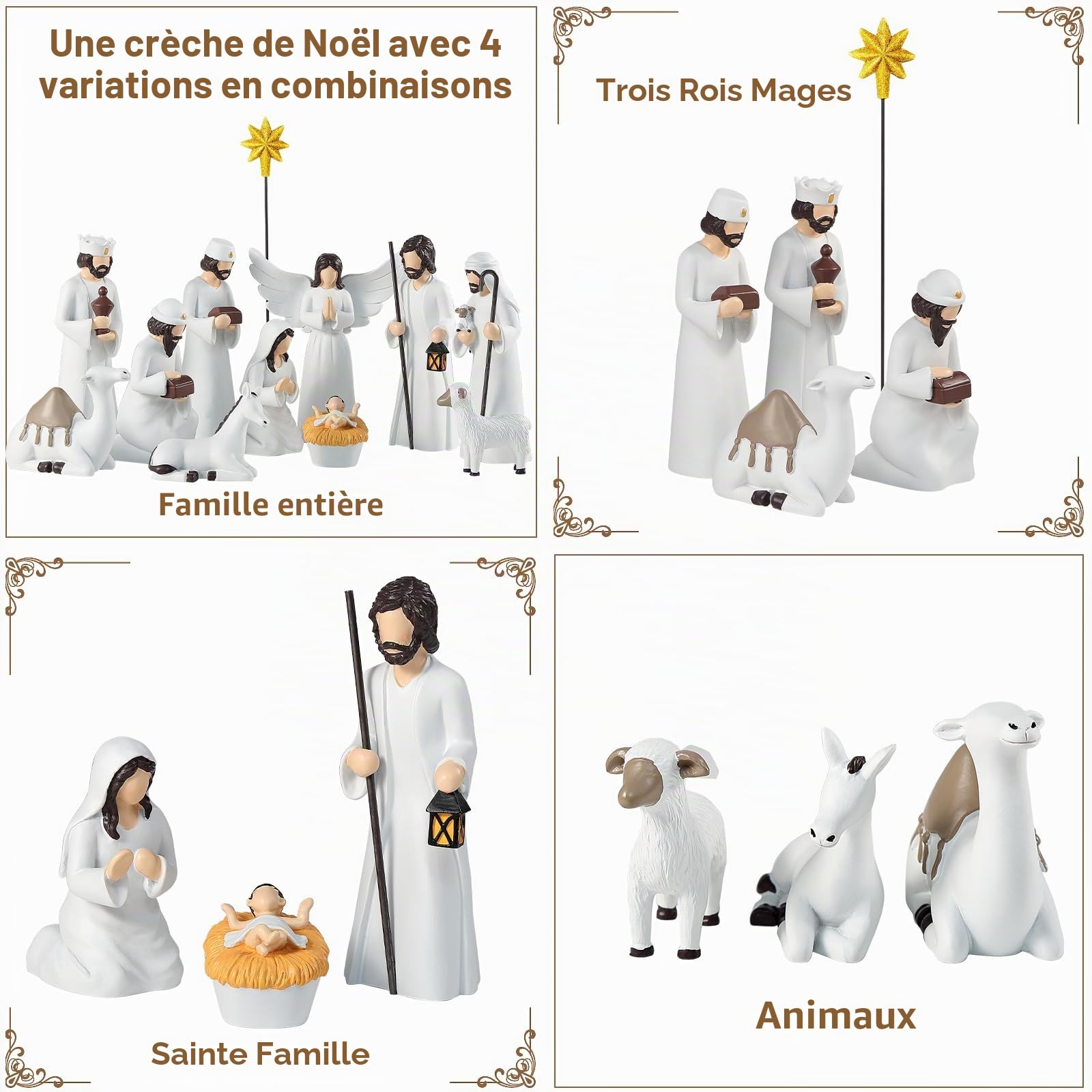 Crèche de Noël élégante pour décorations de Table, 12 pièces, 16,5 cm, crèche de Noël en résine, Statue Sainte Famille (Blanc)