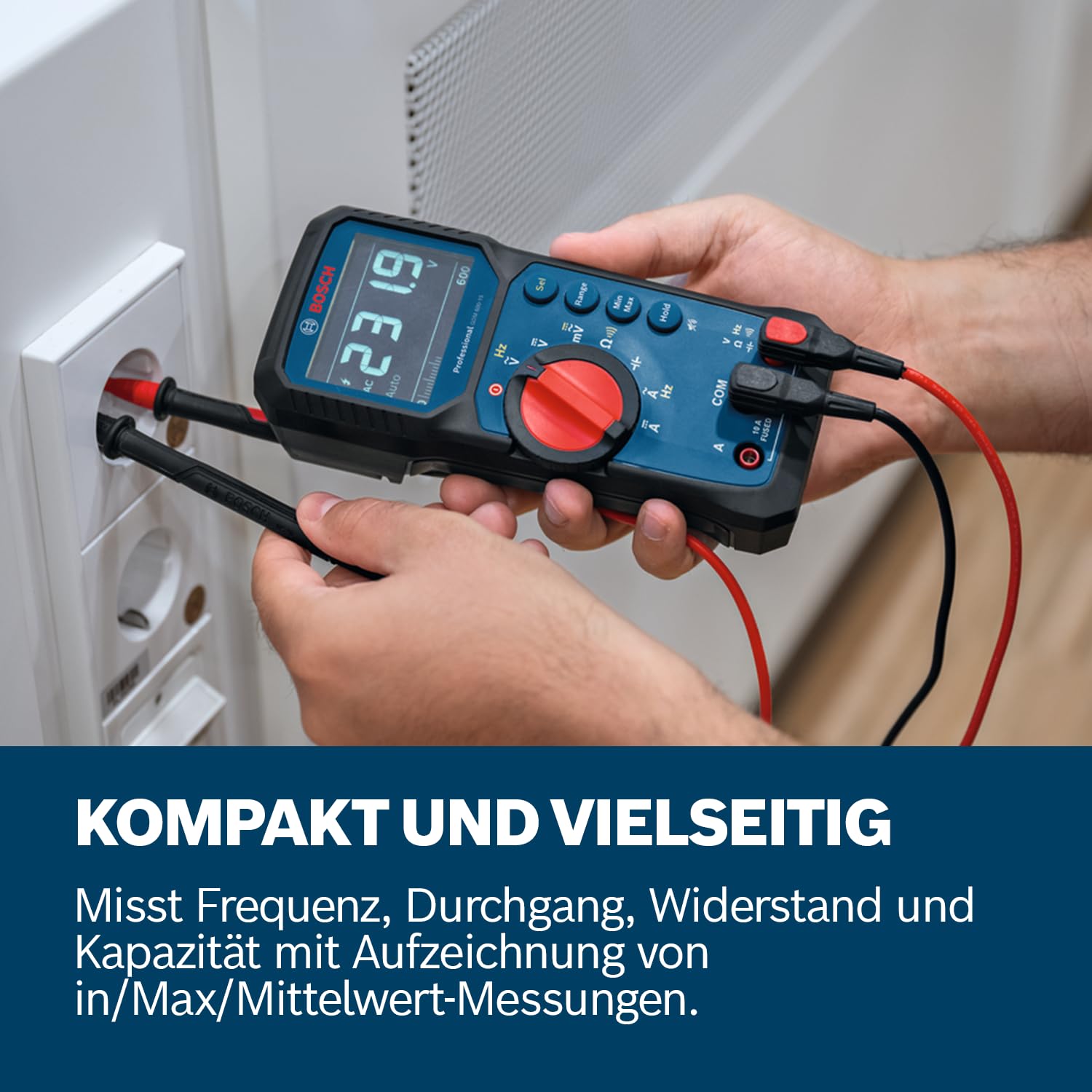 Bosch Professional Digitales Multimeter GDM 600-15 (True RMS, invertiertes LCD, misst Frequenz/Durchgang/Widerstand/Kapazität, Min/Max/Durchschnitt, Messleitungen MS 90)