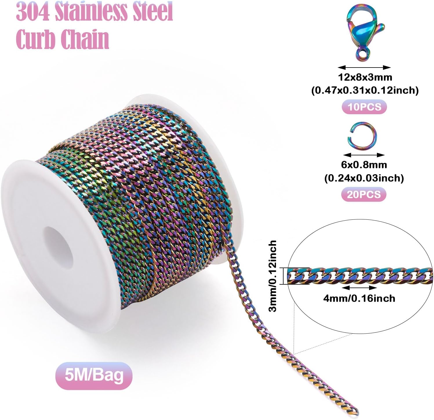 16.4 Feet Stainless Steel Curb Rainbow Chain Colorful Twisted Links Cable Necklace Chains with Lobster Claw Clasps Jump Ring 4x3x0.8mm for Bracelets Jewelry Making Choker DIY Cowboy Decor - Image 2