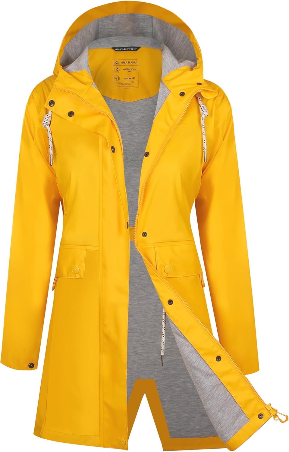ATLASLAVA Regenjas voor dames, lange waterdichte regenjas met capuchon, overgangsjas, trenchcoat, outdoorjas, Zwart, S