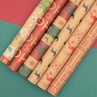 LATERN 24 Sheets Christmas Wrapping Paper, 70cm x 50cm Recycled Kraft Gift Wrap Papers Snowflake Xmas Tree Elk Pattern Paper Sheets with Jute Strings and Tags for DIY Gift Wrapping (6 Colors)