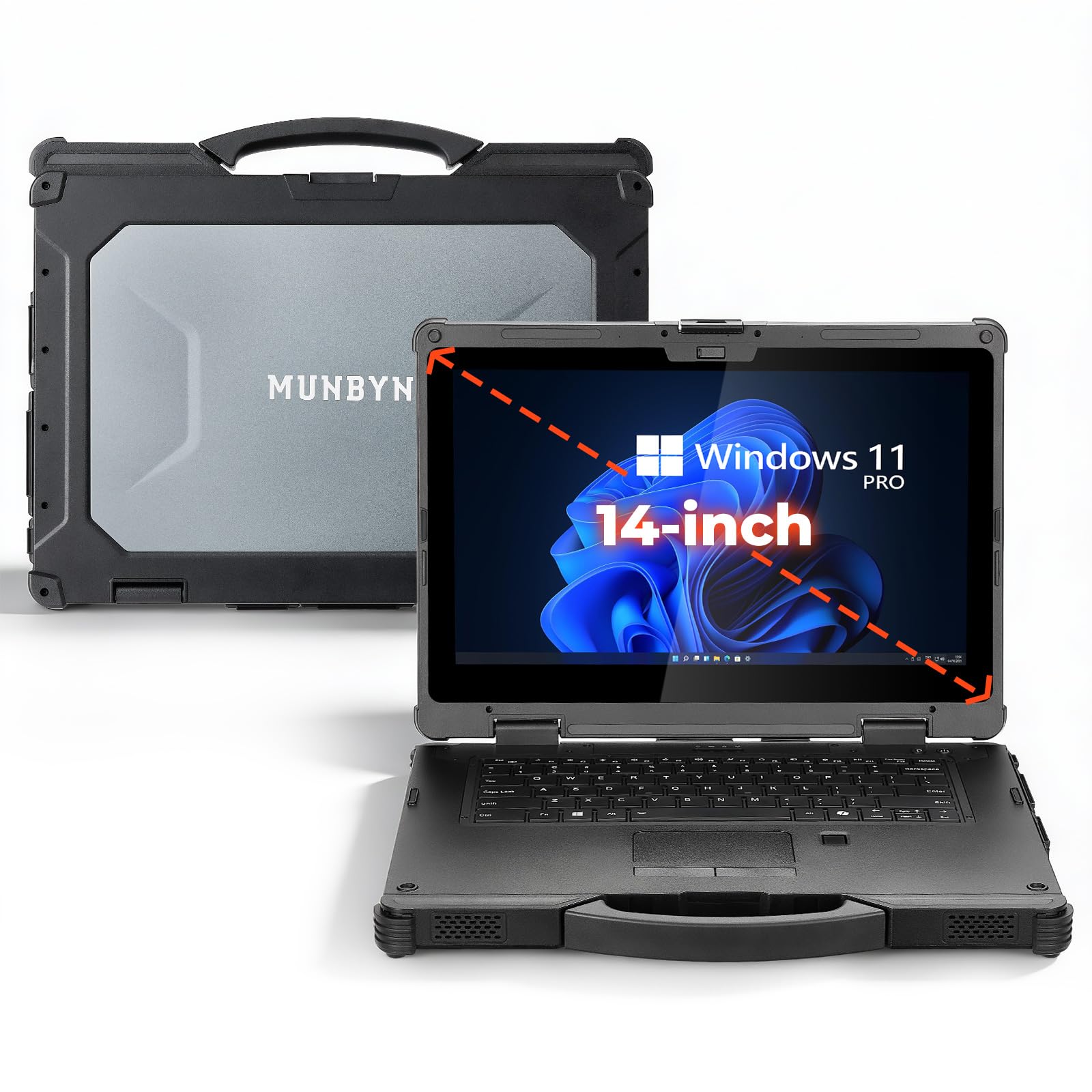 Photo 1 of MUNBYN 14-inch Rugged Laptop IRX18, Windows 11 Pro, Intel i5-1235U, 16GB+512GB, Replaceable SSD,1000 Nits High Brightness, 4700mAh+1300mAh Dual Batteries, Wi-Fi 6, IP65, 2Y Protection(New)