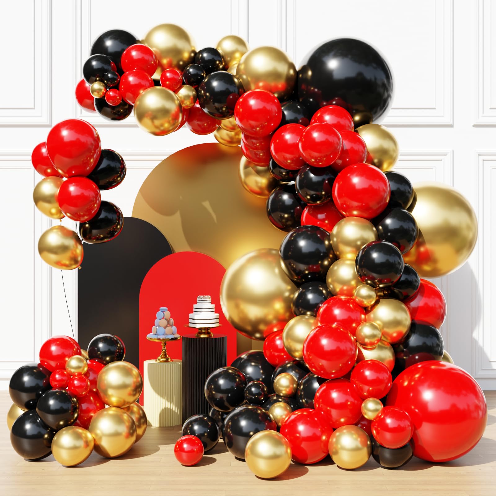 Red Black and Gold Balloons Arch Kit, Red Birthday Party Balloons