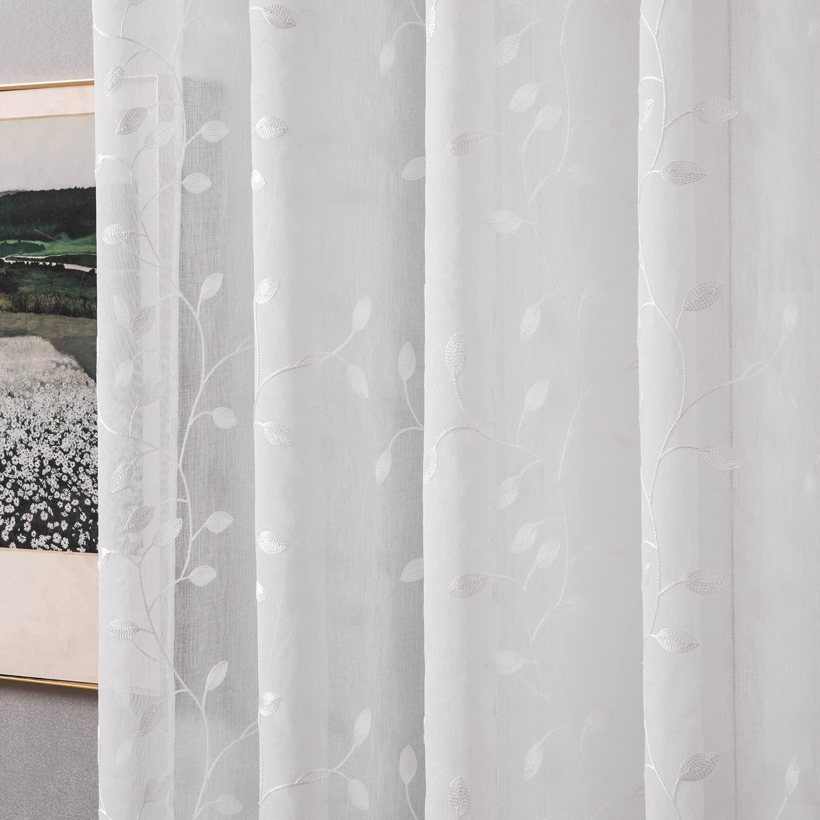 MIULEE Voile Tenda Finestra con Occhielli Tenda a Pannello Tende a Vela Trasparente per Soggiorno e Camera da Letto 2 Pezzo Set 140X260 cm Foglie Bianco