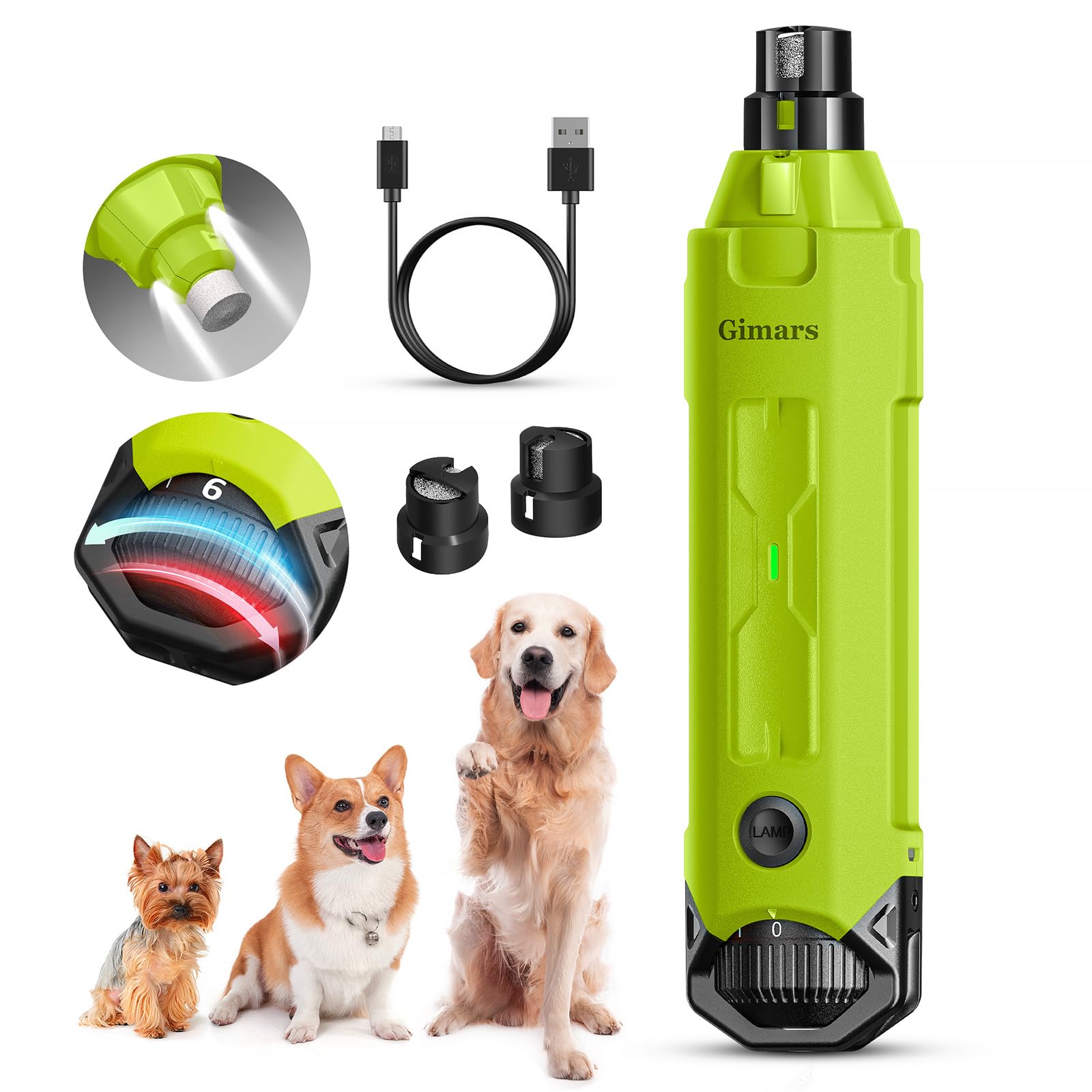 Gimars Lima Unghie Cani 6 velocità Tagliaunghie per Cani Elettrico Tagliaunghie Unghie Cani con Luce LED Ricaricabile Lima per Unghie Cane per Animali con USB 3 Porte,Verde