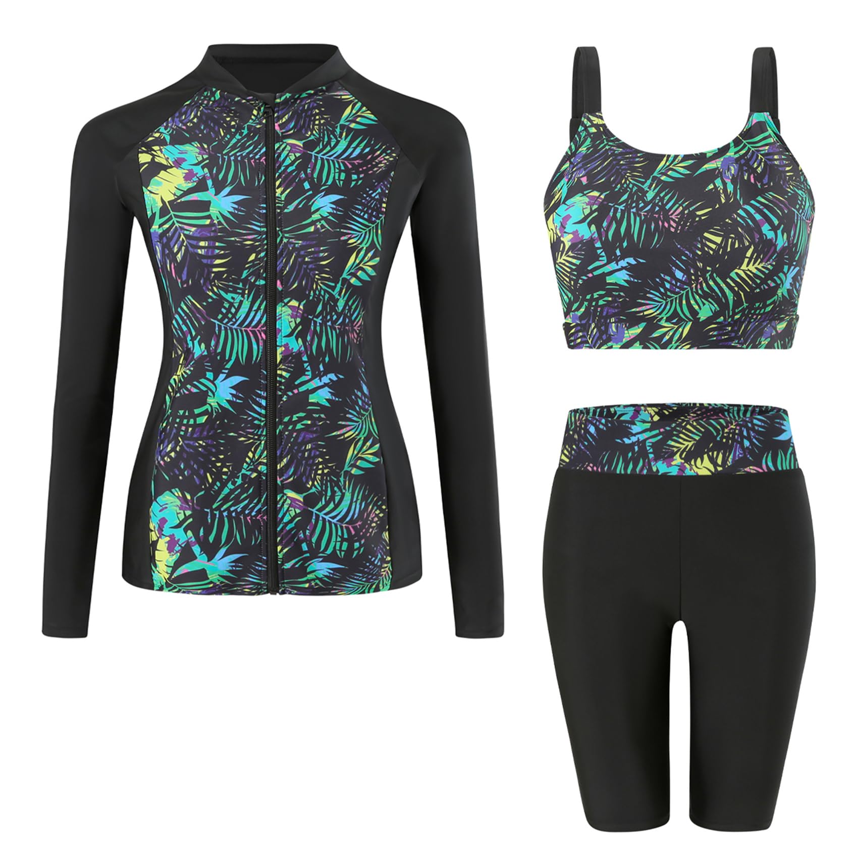Costume da bagno da donna, 3 pezzi, a maniche lunghe, Rash Guard, protezione solare con chiusura lampo, per surf, spiaggia, S-2XL
