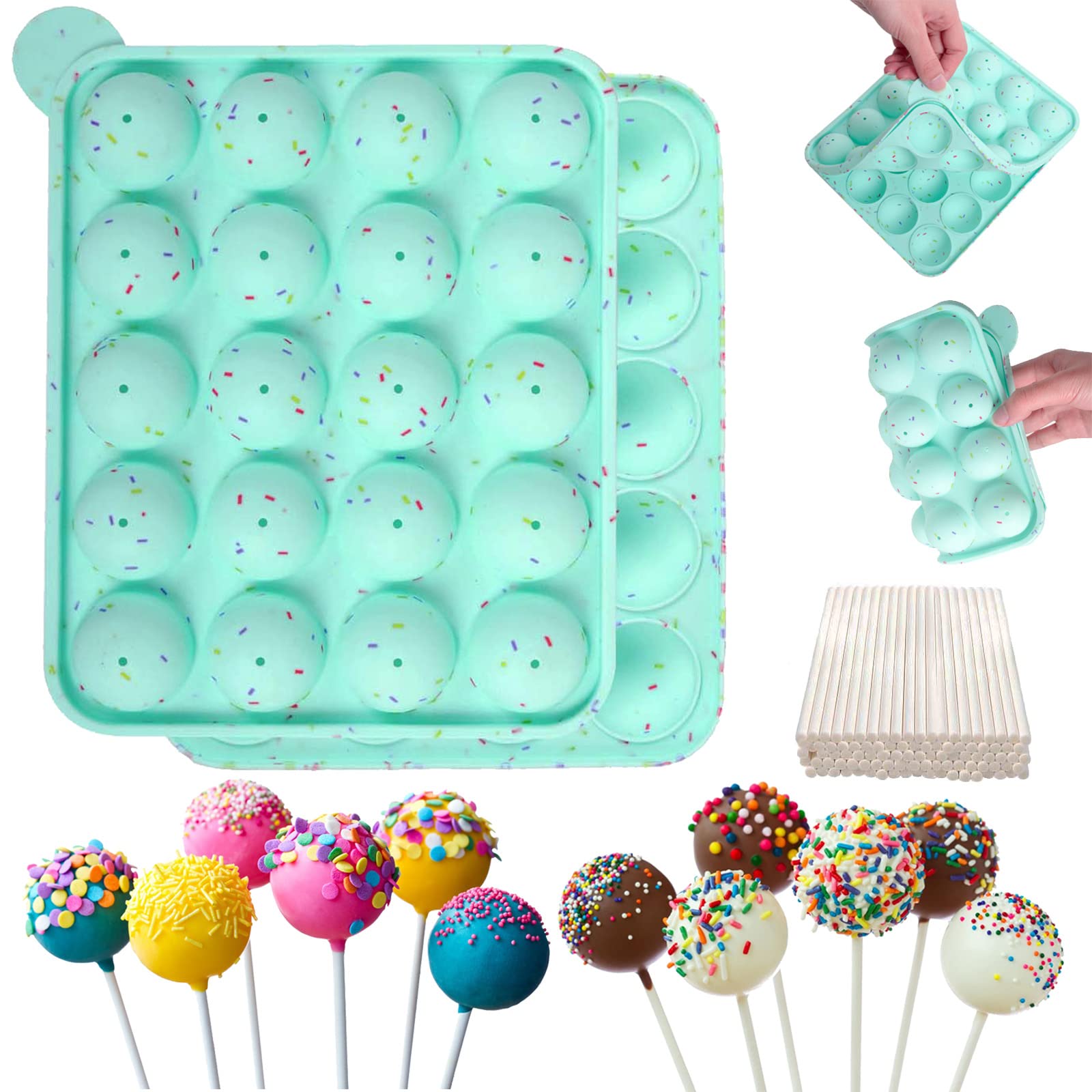 Silicone Cake Pop Mold + 120 Sticks, Easter BPA Free Baking Mold for Candy Chocolate Lollipop Dessert Cupcake Cooker - Green