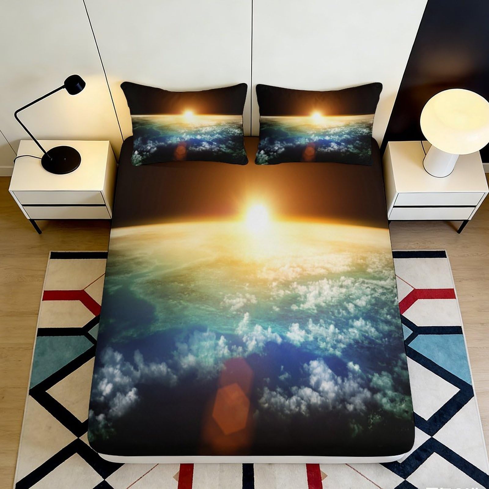 3D Printed Sunrise Horizon Fitted Sheet Microfiber Soft Bedroom Decor Sunset Earth Mattress Cover for Home Dorm 90x200x25cm