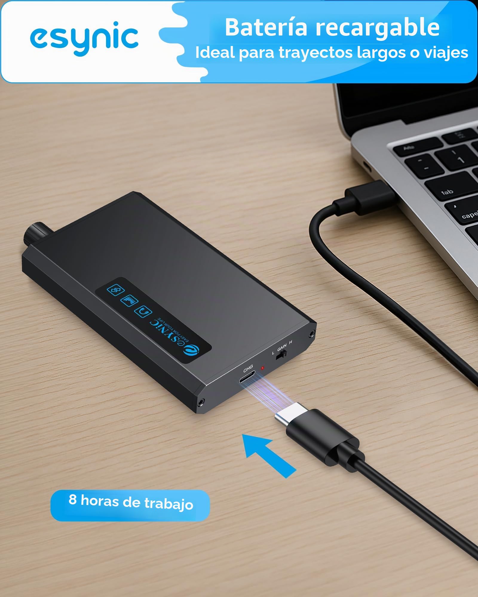 eSynic Amplificador HiFi para Auriculares con Receptor Bluetooth 5.1, Impedancia 16-300Ω, 2 Niveles de Ganancia, Batería Recargable de 1500mAh con Cable USB-C y Cable de Audio para MP3 Smartphone