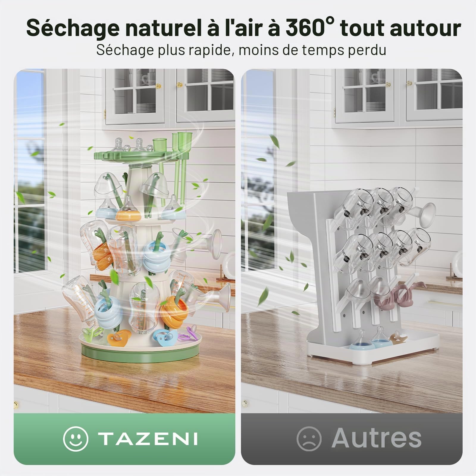 TAZENI Égouttoir à Biberons, 3 Niveaux, 20 Crochets, Tuyau d’Évacuation | Design vertical gain de place, pour tétines, sucettes et pièces de tire-lait, tuyau d’évacuation amovible