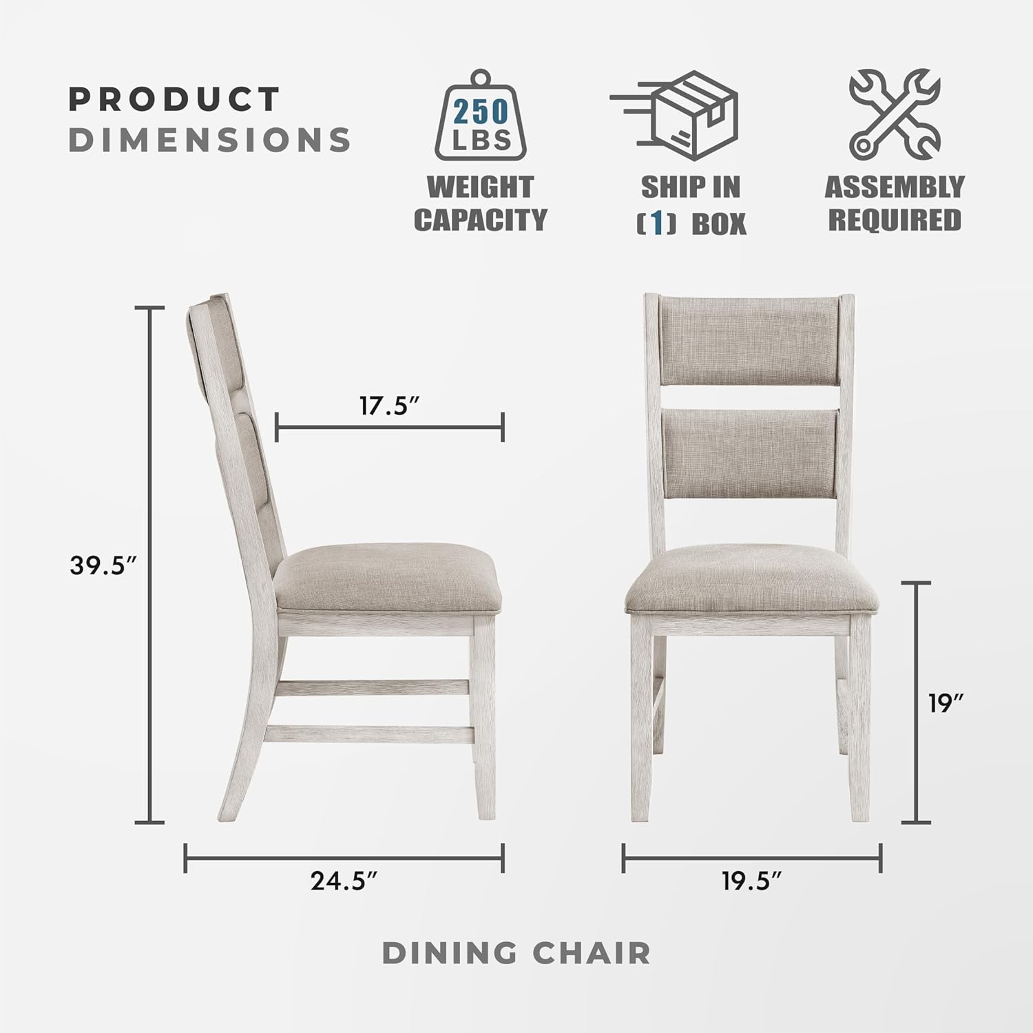 Lexicon Dining Chair Set of 2, Wooden Kitchen Chairs with Light Gray Textured Fabric Upholstered Seats and Back Rest, Accent Seating for Dining Room/Kitchen, Assembly Required, Brushed Antique White