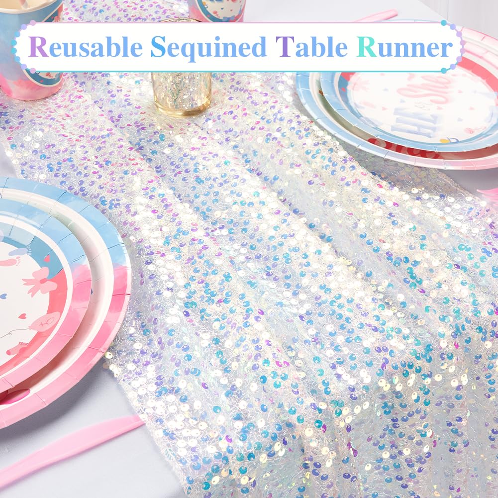 4er Set Elegante Tischläufer Schillernd Weiße Pailletten Tischband – 63 x 300 cm für Outdoor Hochzeitstisch Taufefeier Festliche Meerjungfrau Party Tischdeko (4 Stück)