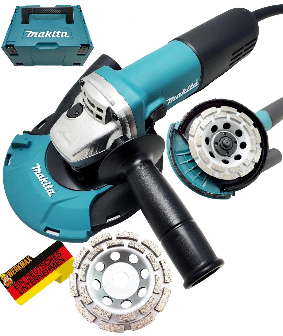 Makita Betonschleifer Set. Sanierungsfräse 1100W Power Set im MakPac Koffer. Mit Absaughaube 191W06-8 + 2x Premium Diamantschleiftopf