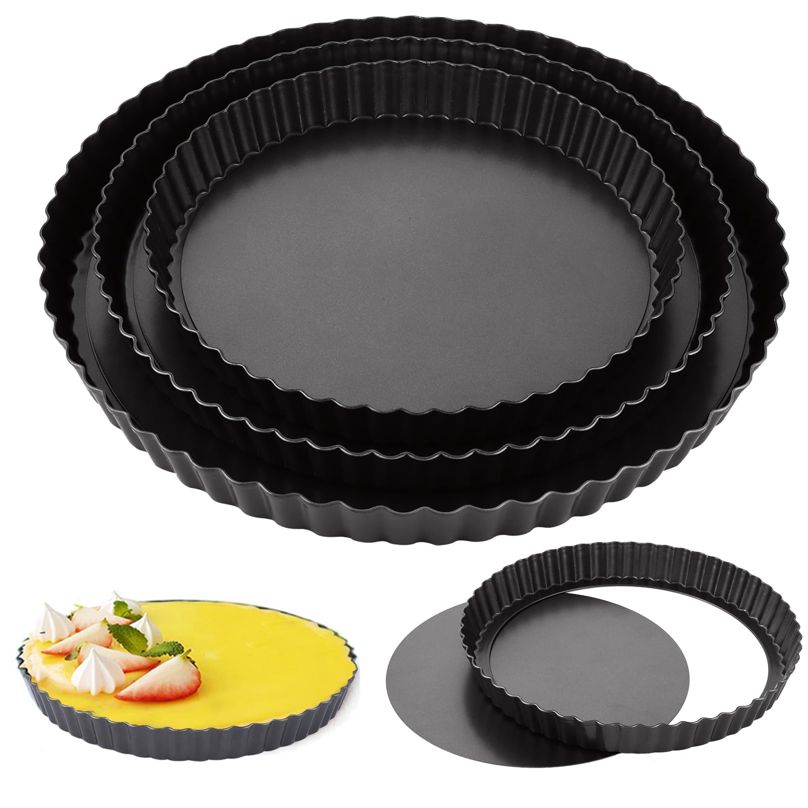 3 Stück Tarteform mit Hebeboden 22/26/30CM Quicheform Rund Tortenboden Backform Antihaftbeschichtete Tarteform für Quiche, Tarte, Pie (Schwarz)