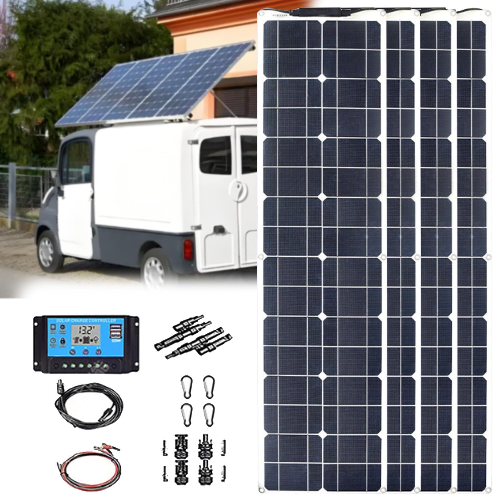 Pannello Solare, Pannello Solare Flessibile, 2 Pannelli ETFe da 200 W 12 V-24 V, con regolatore da 40 A, per Uso Fuori Rete, Camper, roulotte, Barca, Tetto e superfici Irregolari. 4×200w