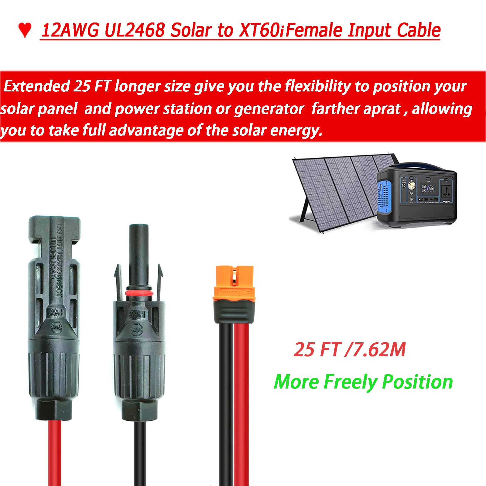 25FT Solar Charge Cable With XT60i Connector - 12AWG Extension For EcoFlow Power Stations & Solar Panels