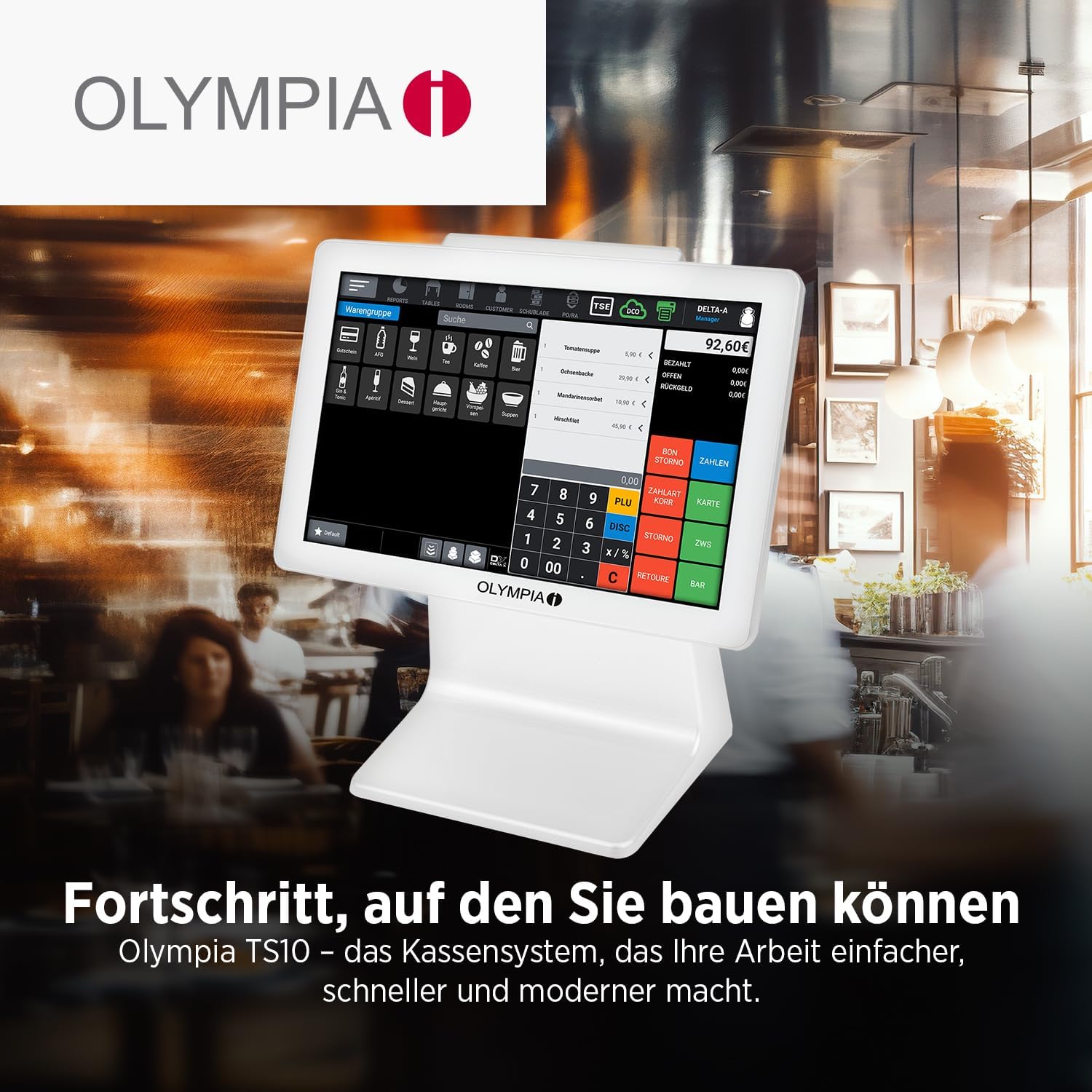 Olympia TS10 POS System with dimensions and features listed