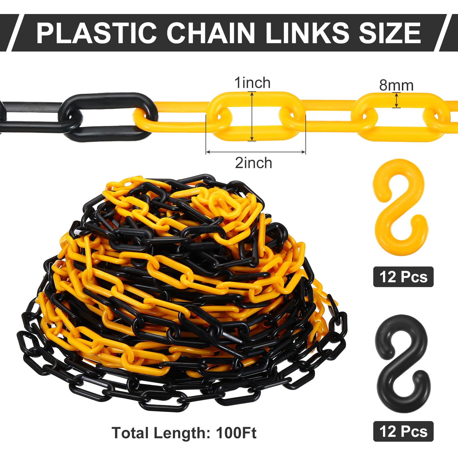 PATIKIL Chaînes en Plastique 100 Pieds de Chaîne de Sécurité de 2Pouces Jaune/Noir pour Contrôle des Foules Files d'Attente Stationnement Clôtures Portail Concert Chantiers de Construction